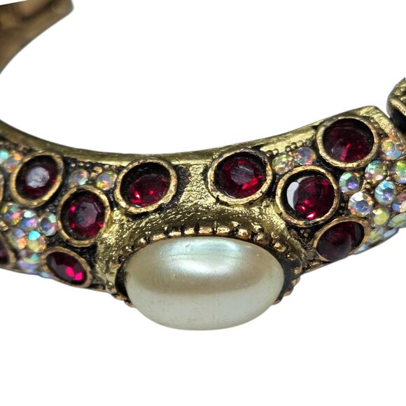 SPHINX Vintage 80's Royal Chunky Ruby AB Crystal Pearl Clamper Bracelet - Picture 5 of 6